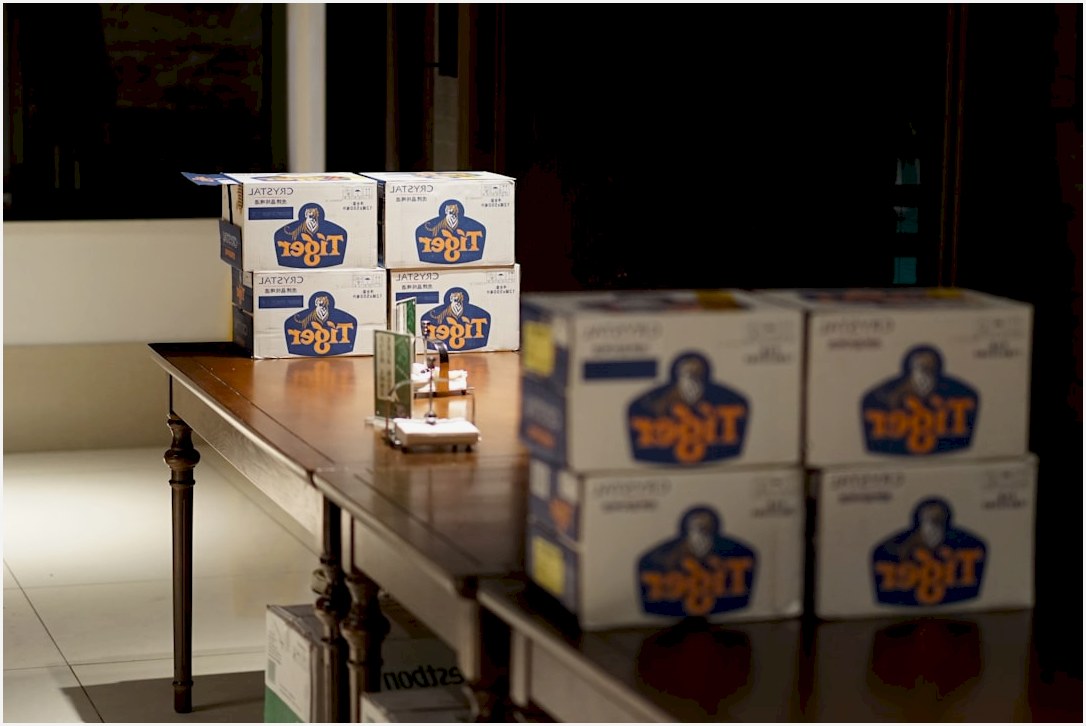 white and blue labeled boxes
