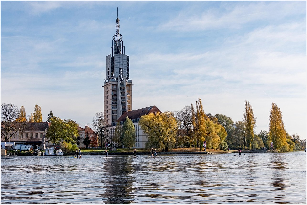 heiligengeistkirche, potsdam, tower, reconstruction, modern, nature, senior residence, water, evening atmosphere, fall