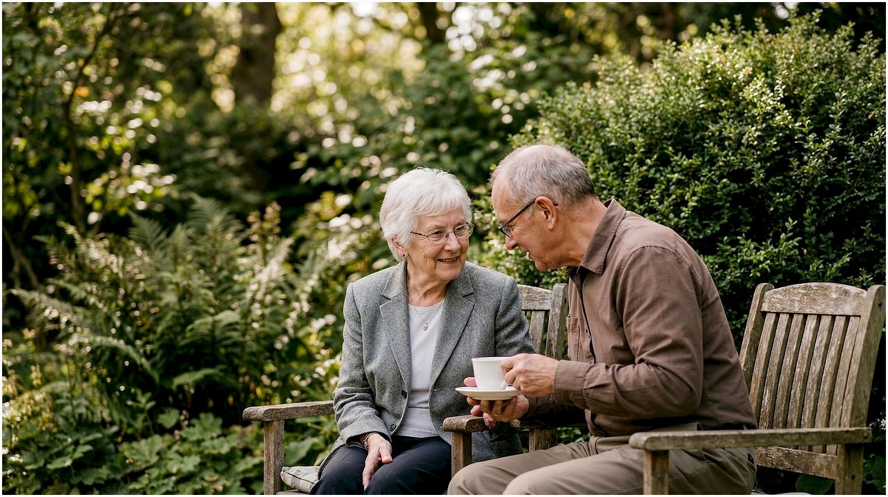 elderly, couple, garden, conversation, outdoors, companionship, retirement, peaceful, teacup, sitting, nature, leisure, seniors, connection, smiling, friendship, tranquility, afternoon, lifestyle, interaction, ai generated