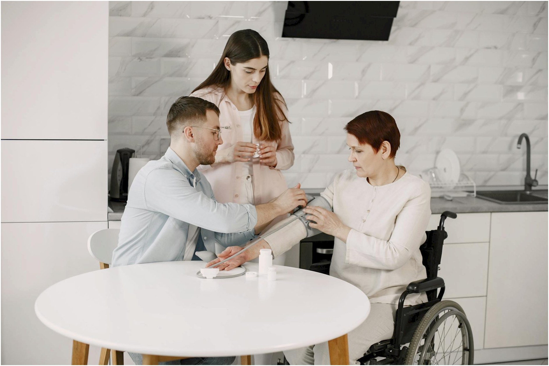 A family monitors blood pressure at home, ensuring health and wellness.