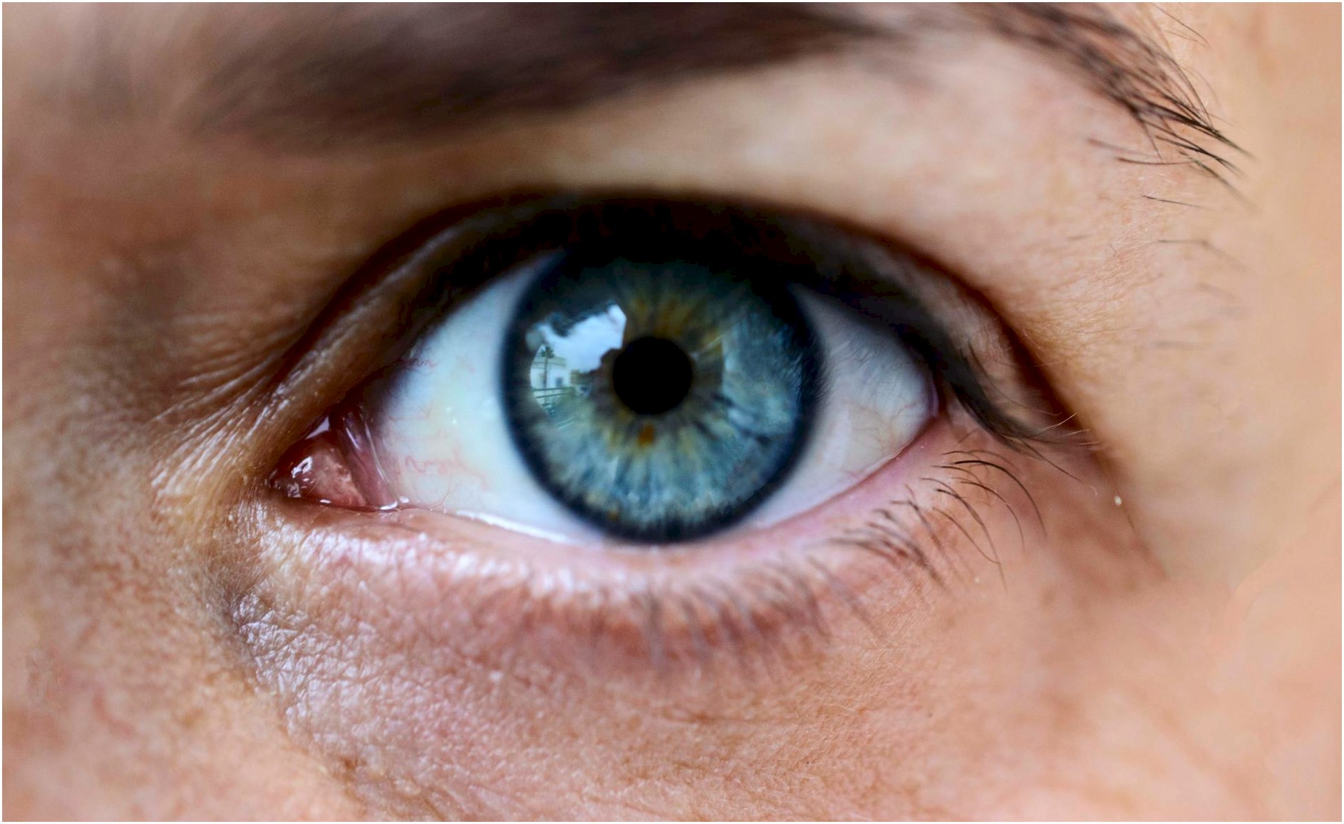 Close-up of a blue eye showing detailed iris patterns, suitable for optometry and vision themes.