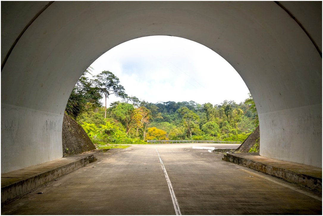 a view of an empty road through a tunnel