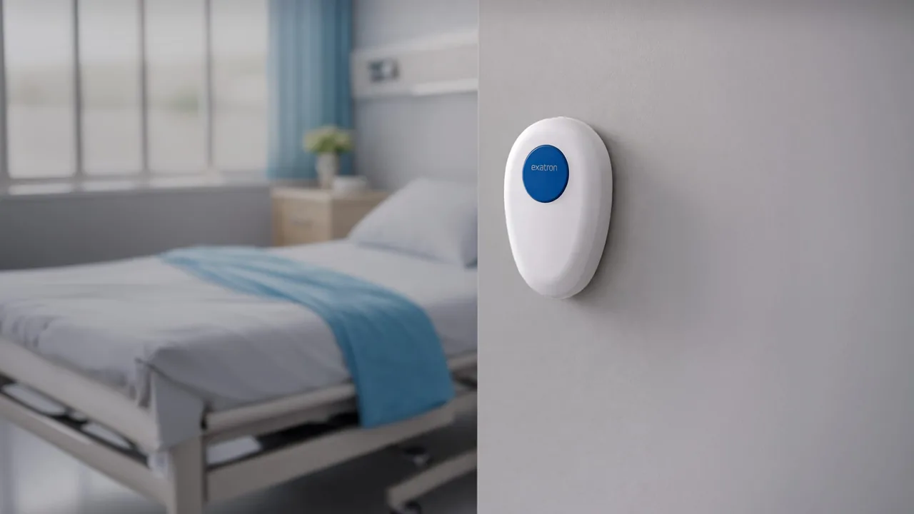 Botão sem fio Exatron instalado na parede ao lado da cama para chamar o cuidador