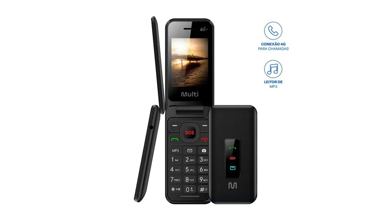 Celular flip Multi Vita 4G aberto ao lado da parte traseira e da base do aparelho