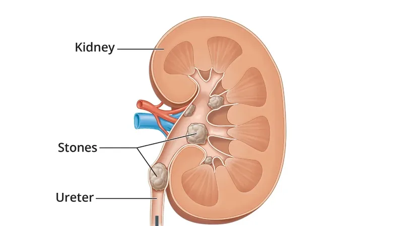 Ilustração de um rim com cálculos no sistema urinário