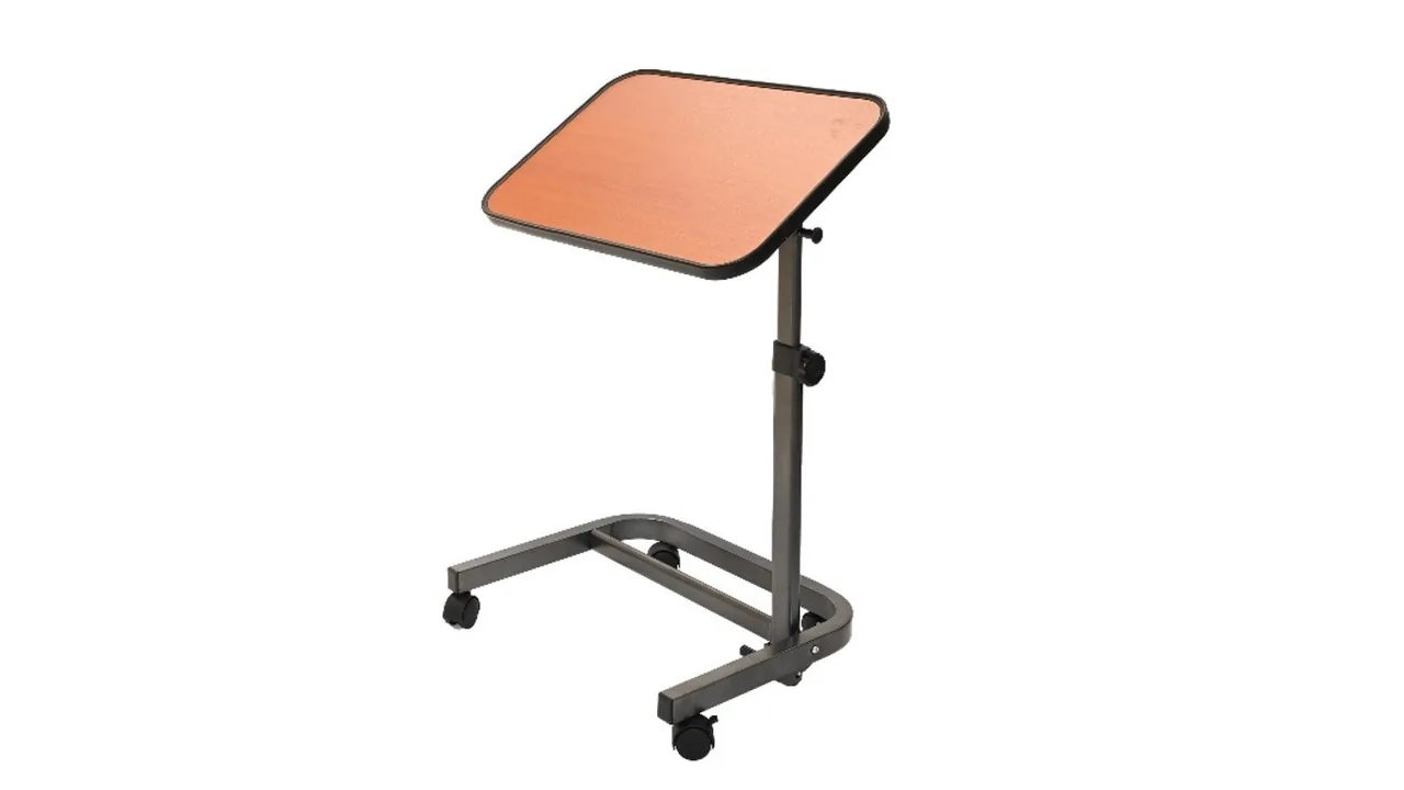 Mesa auxiliar para cama com tampo regulável, haste metálica e base com rodízios
