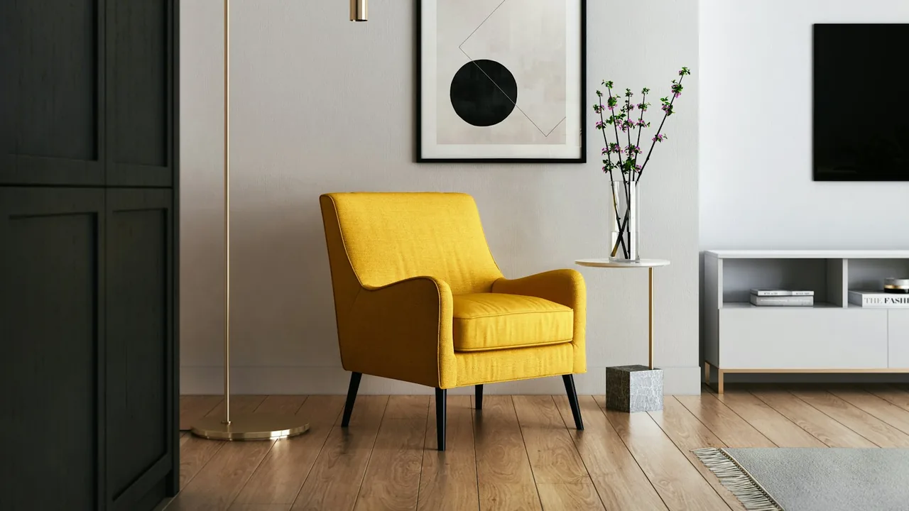 Poltrona estofada em sala iluminada, exemplo de móvel para avaliar antes da compra