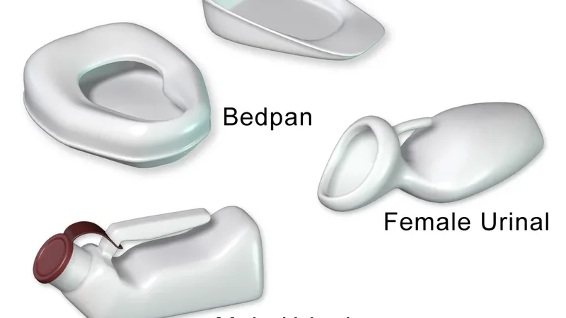 Exemplos de urinol masculino, urinol feminino e comadre para cuidados em casa