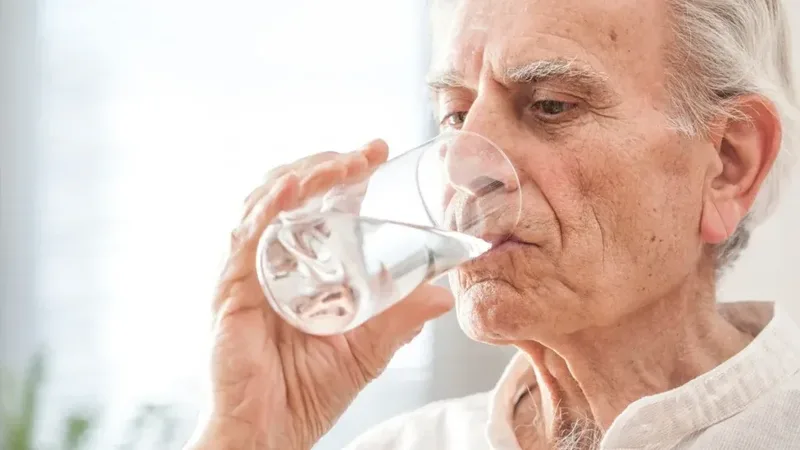 Pessoa idosa bebendo água em um copo, imagem relacionada ao risco de desidratação após vômitos