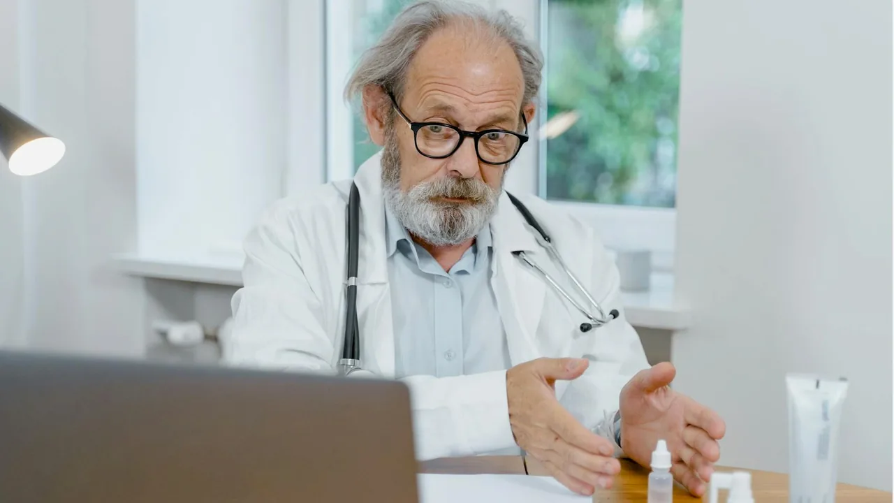 Médico idoso conversando durante uma consulta, em imagem editorial sobre avaliação da voz trêmula
