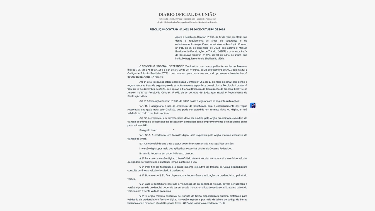 Página da Resolução Contran nº 1.012 de 2024 no Diário Oficial da União