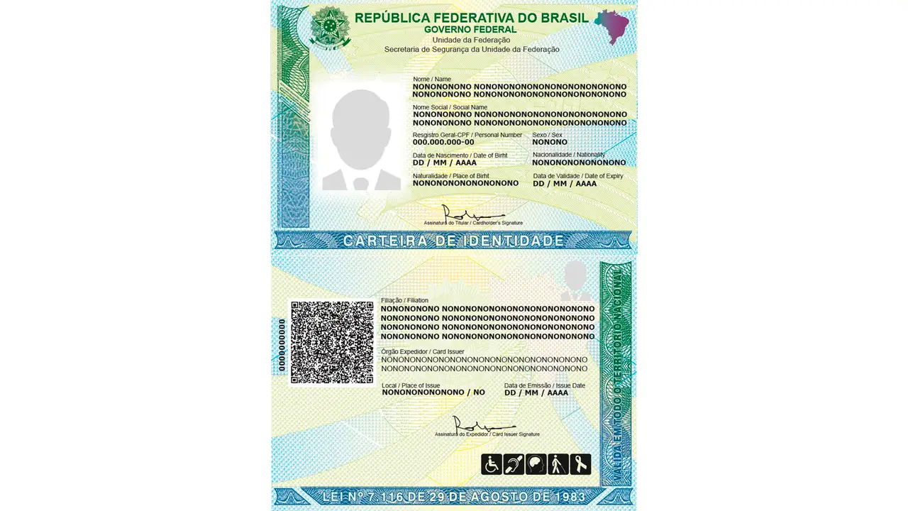 Modelo oficial da Carteira de Identidade Nacional em papel, com QR Code e campos de identificação ilustrativos