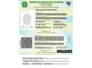 Modelo oficial da Carteira de Identidade Nacional em cartão, com campos ilustrativos e QR Code.