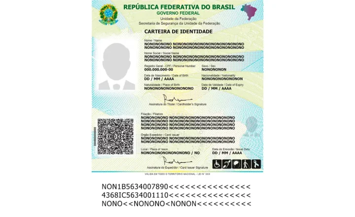 Modelo oficial da Carteira de Identidade Nacional em cartão, com campos ilustrativos e QR Code.