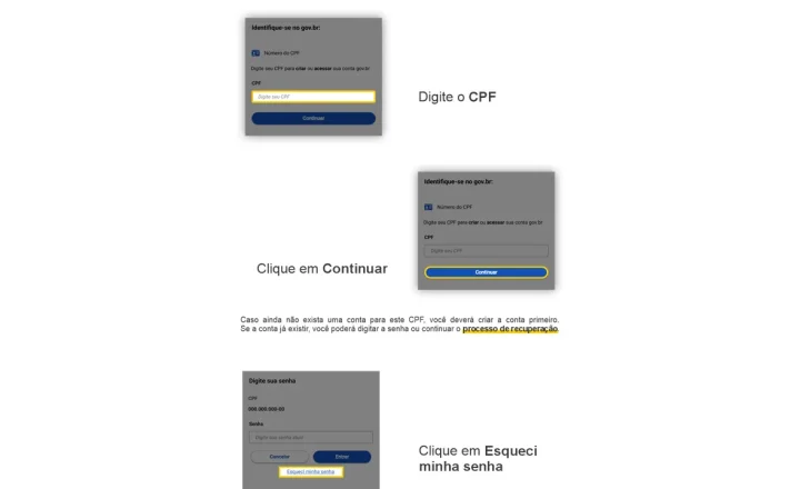 Tela oficial do gov.br com as etapas iniciais para recuperar a senha