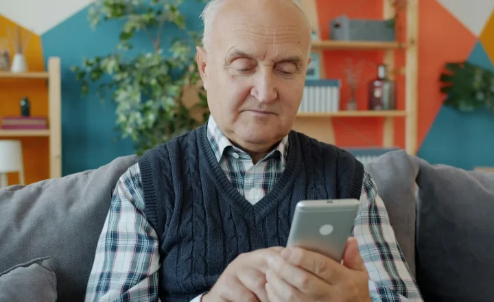 Homem idoso usando o celular sentado em um sofá