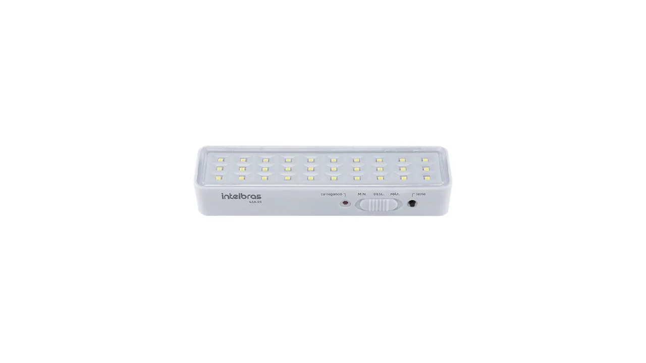 Luminária Intelbras LEA 30 vista de frente, com LEDs e seletor de intensidade visíveis.