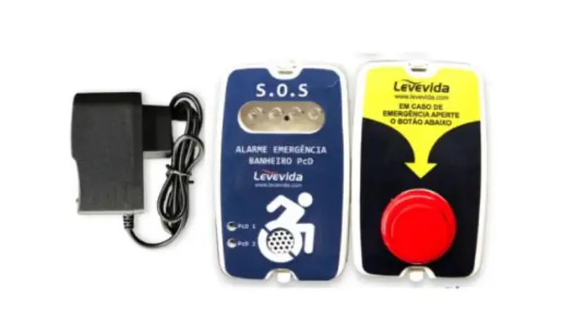 Alarme audiovisual sem fio Levevida para banheiro acessível, com botoeira e unidade de alerta