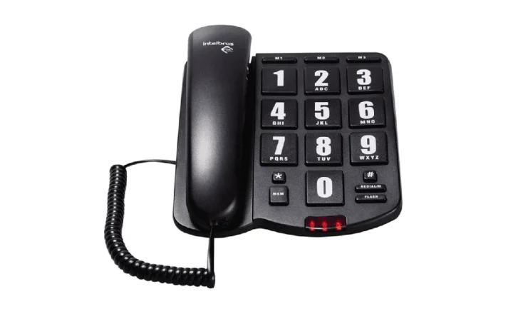 Telefone com fio Intelbras Tok Fácil preto, com teclado contrastante e teclas de memória rápida.