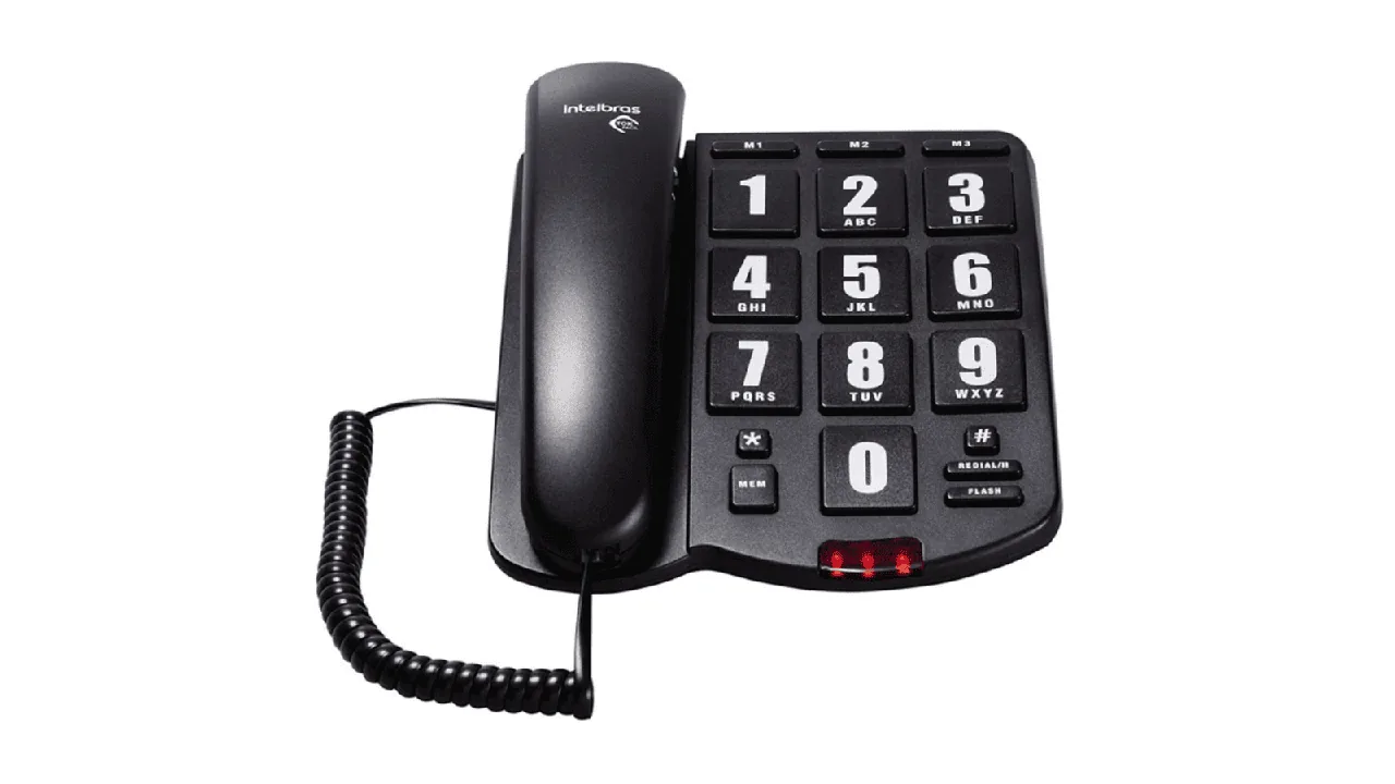 Telefone com fio Intelbras Tok Fácil preto, com teclas grandes e três teclas de memória
