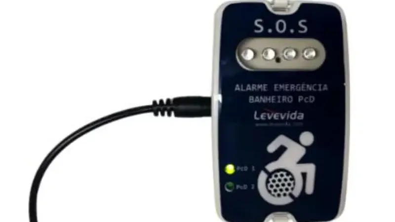 Botoeira vermelha e unidade azul de alarme audiovisual Levevida para banheiro PCD
