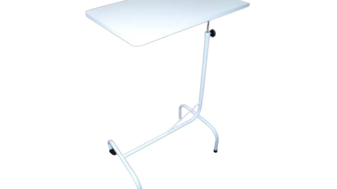 Mesa de refeição hospitalar Metal Solution com tampo claro e estrutura metálica