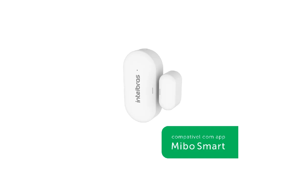 Sensor de abertura Intelbras MSA 1001 visto em perspectiva, com indicação de compatibilidade com o aplicativo Mibo Smart