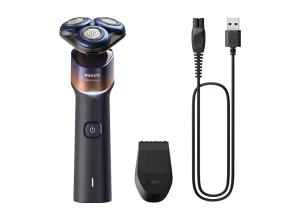 Barbeador elétrico Philips Série 5000X X5012/05 com cabo USB e aparador sobre fundo branco.