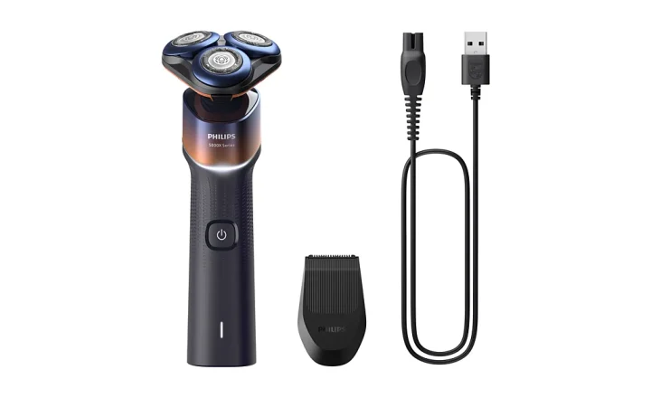 Barbeador elétrico Philips Série 5000X X5012/05 com cabo USB e aparador sobre fundo branco.