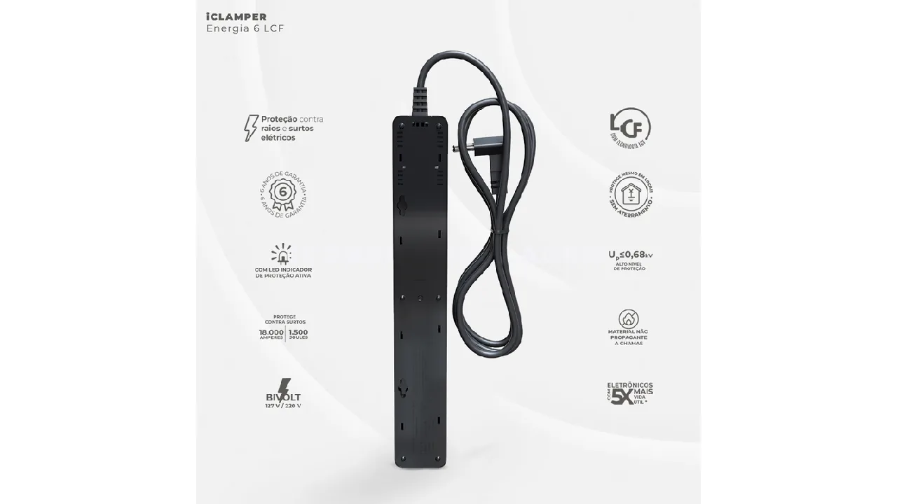 Verso do filtro de linha iCLAMPER Energia 6 LCF com cabo e informações de proteção