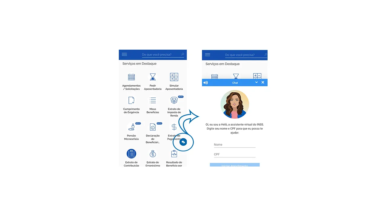 Telas do aplicativo Meu INSS com serviços em destaque, Meus Benefícios e a assistente virtual Helo