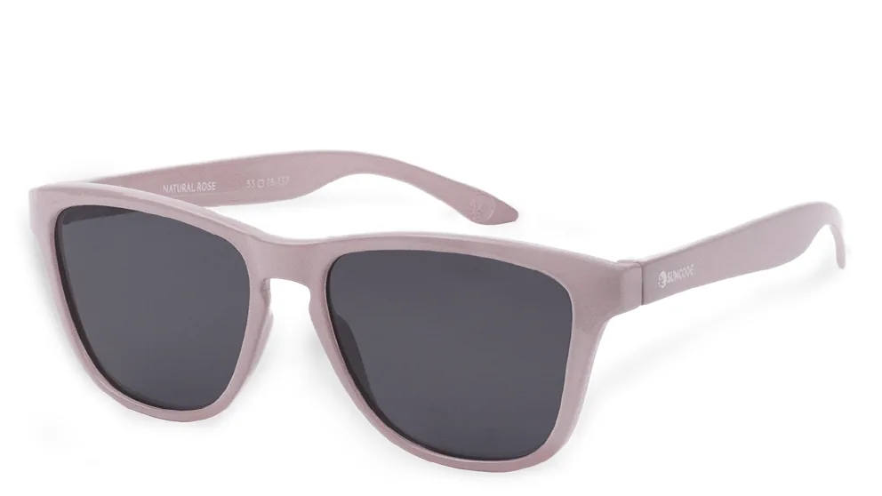 Óculos de sol com armação rosa e lentes escuras, vistos em três quartos