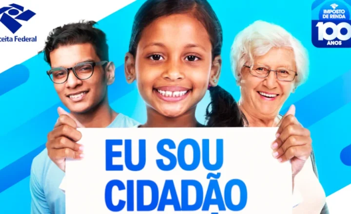 Campanha da Receita Federal mostra uma pessoa idosa ao lado de outras pessoas com a mensagem Eu sou cidadão solidário