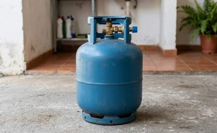 Botijão de gás de cozinha em área externa