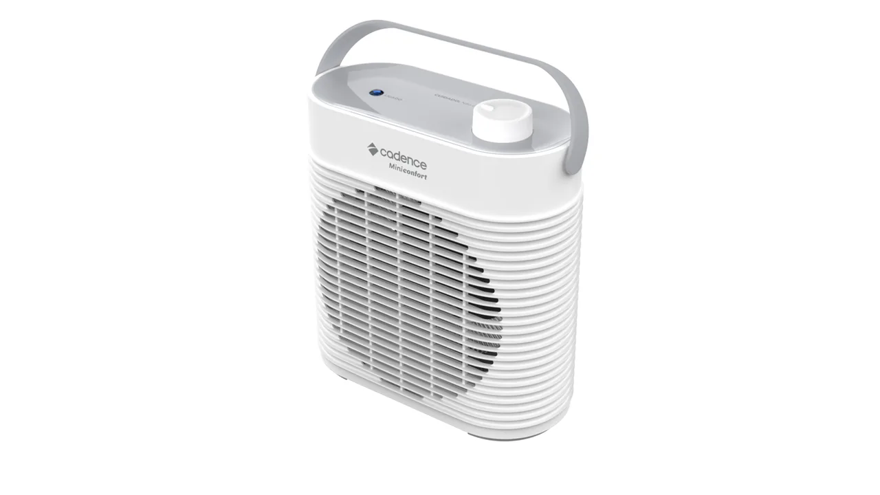 Aquecedor elétrico Cadence MiniConfort branco, visto de frente, com alça e grade protetora
