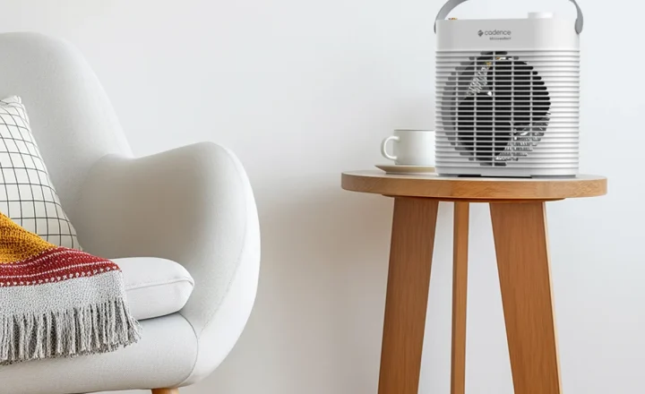 Aquecedor elétrico Cadence MiniConfort branco em uma mesa ao lado de uma poltrona