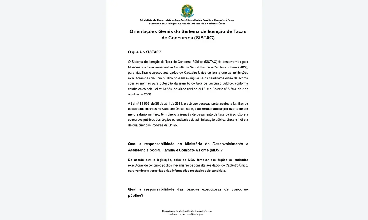 Orientações do MDS sobre isenção de taxa em concursos públicos