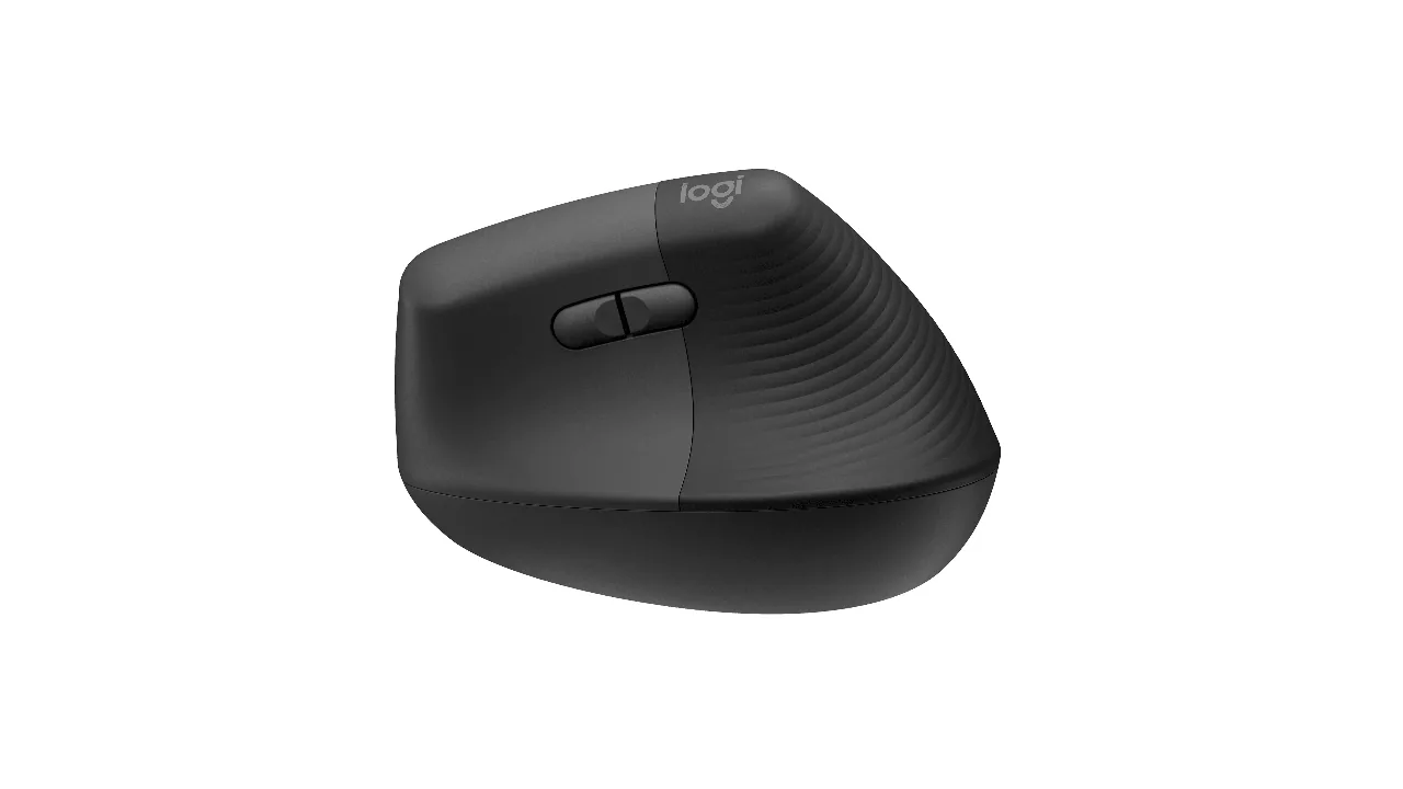Mouse vertical Logitech Lift visto de perfil, com a mão em posição mais elevada