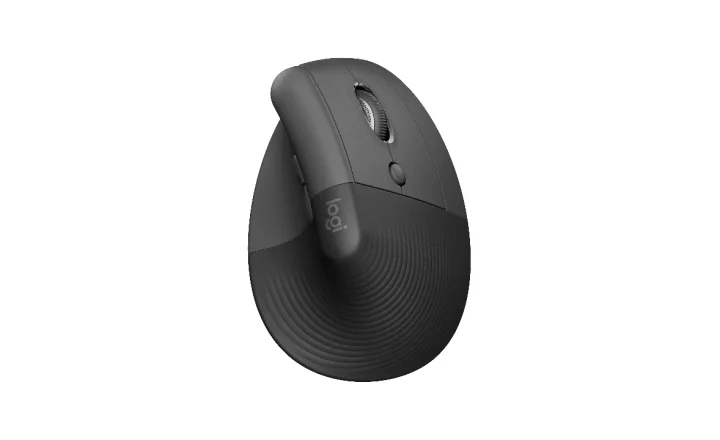 Mouse vertical Logitech Lift visto de cima, com formato elevado para a mão
